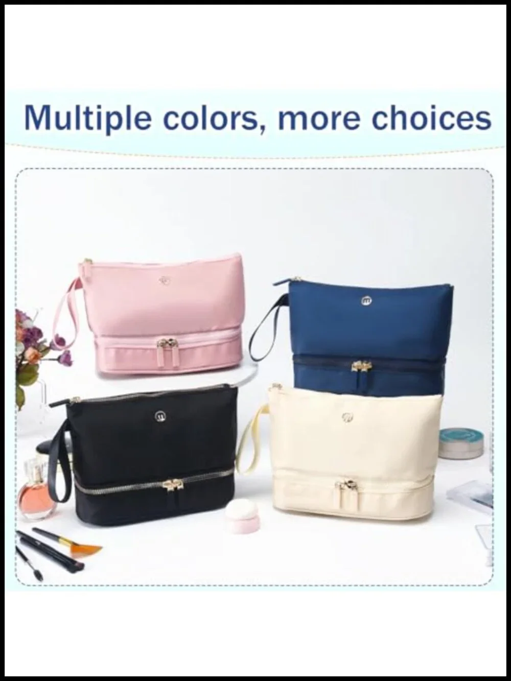 Double Layer Travel Makeup Bag with Brush Organizer, Waterproof Durable Leather